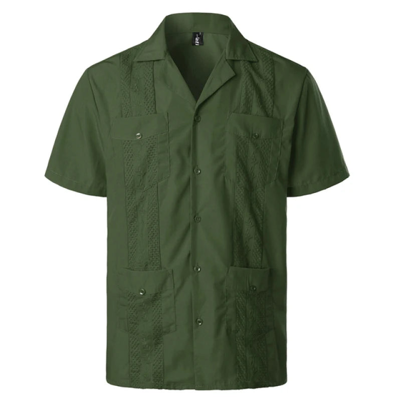 Men's Traditional Cuban Collar Guayabera Shirts Short Sleeve Embroidered w 4 Pockets