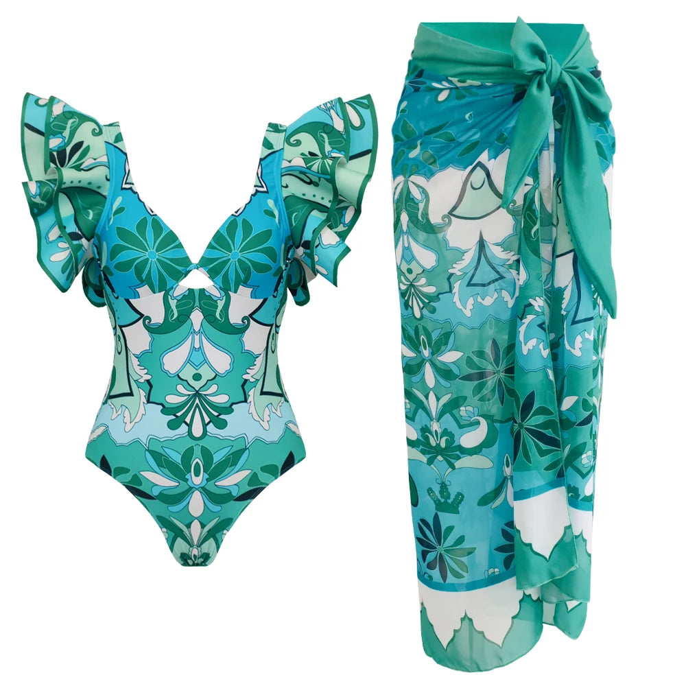 2-Piece Shoulder Ruffle Swimsuit With Cover Up Sexy Beachwear