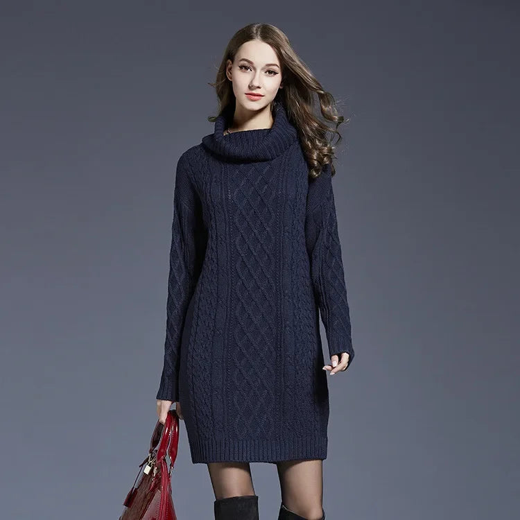Warm Knitted Comfortable Casual Collar Pullover Sweater Long Sleeved Dress