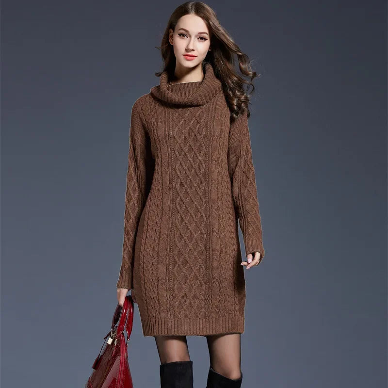 Warm Knitted Comfortable Casual Collar Pullover Sweater Long Sleeved Dress