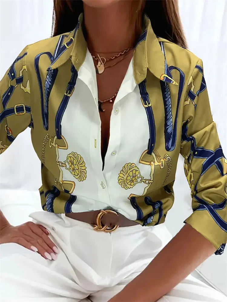Elegant Printed Pattern Button Long Sleeve Women's Shirts