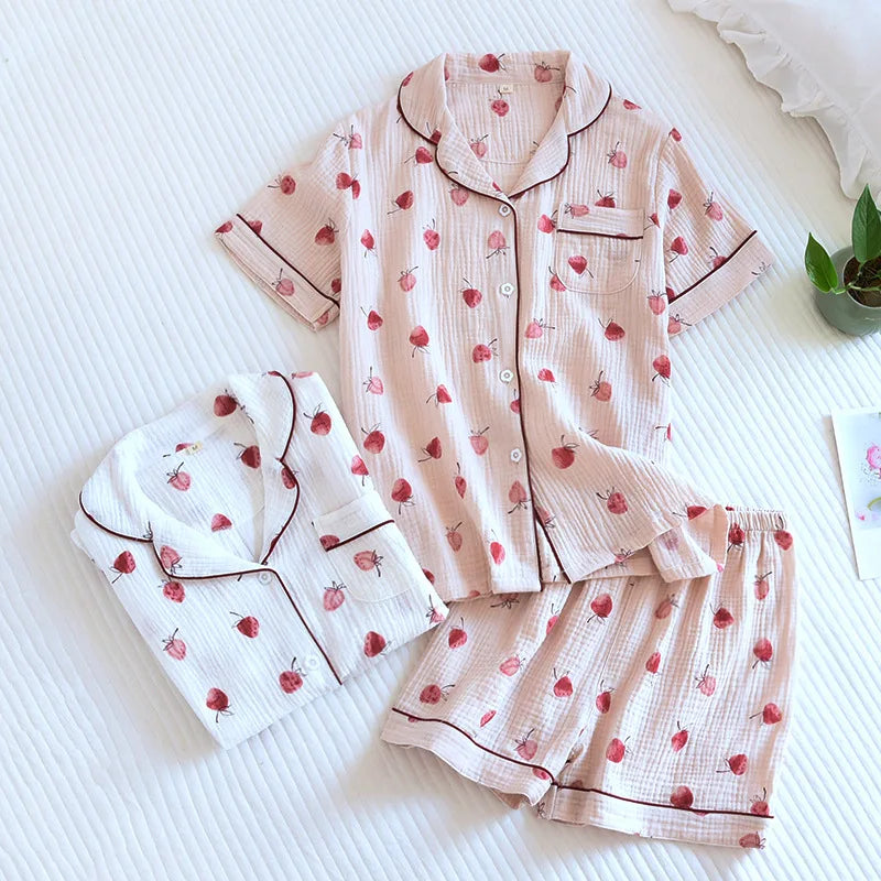 Summer pajamas short-sleeved shorts two-piece cotton crepe