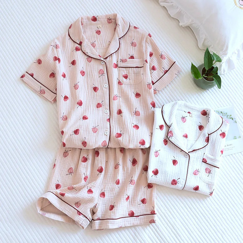 Summer pajamas short-sleeved shorts two-piece cotton crepe