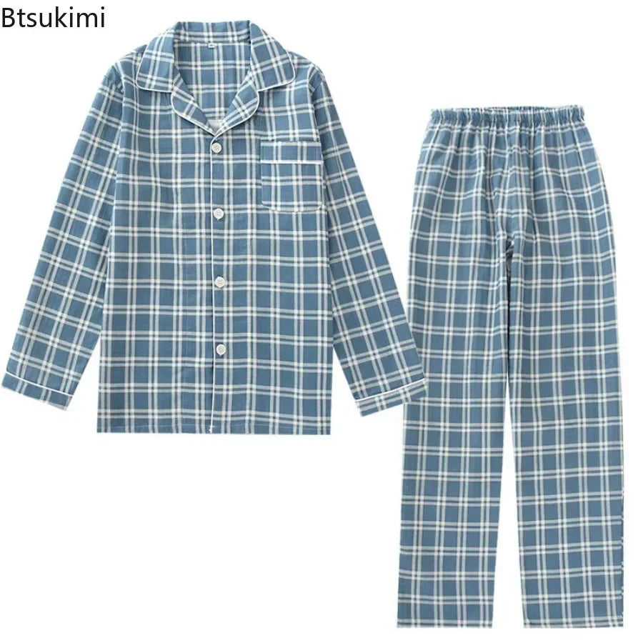 Men's Pajamas Sets Long-sleeved Cardigan Tops and Trousers 100% Cotton Double Gauze Lattice Sleepwear