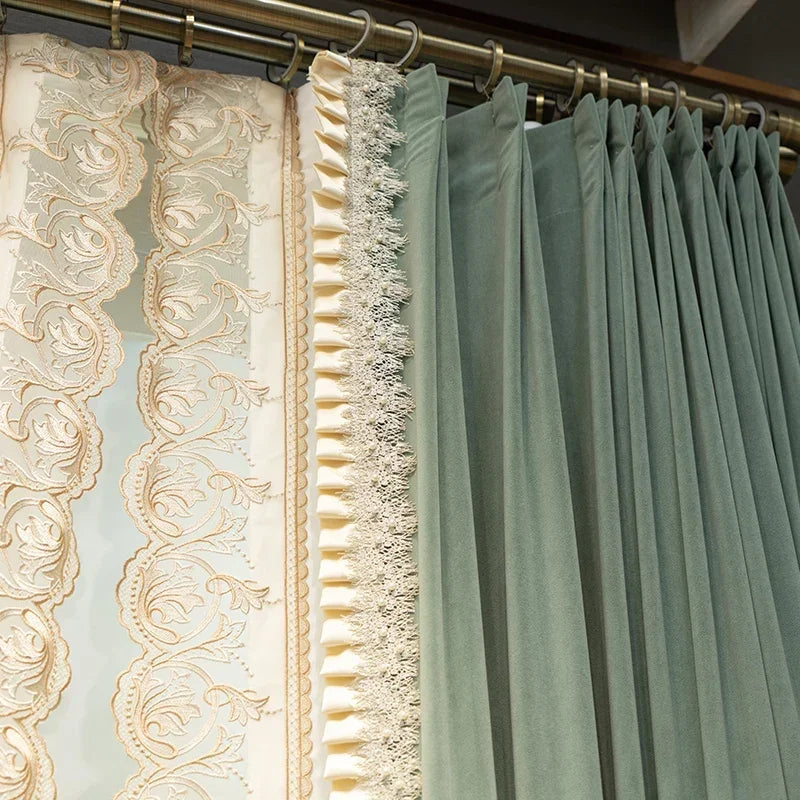 Luxury Turquoise Velvet Embroidered French Window Curtains Romantic Lace