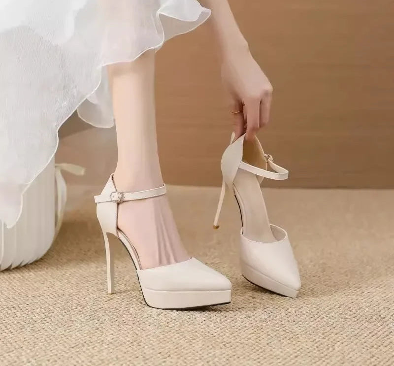 Ankle Straps Women's Sandals 12Cm Pointed Toe Platform Pumps Matte Leather Heels Size 33 42