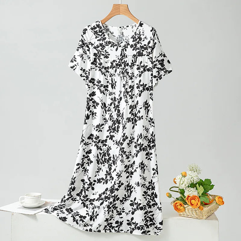 Summer Women Nightgown Short Sleeve Round Neck