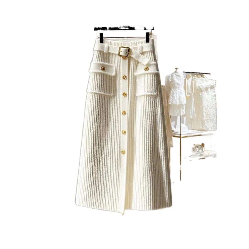 Autumn/Winter Women Outfit White Skirts Knitted Cardigan Sweater A-line Long Skirt Two Piece Set
