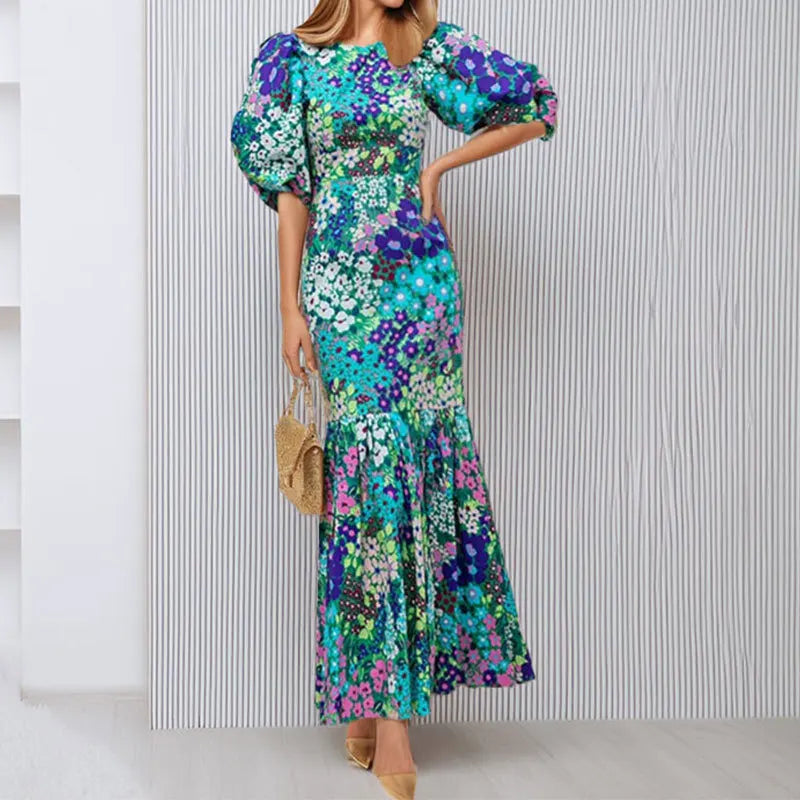 Elegant Blue Flower Print Lantern Sleeve Ankle Summer Fishtail Dress
