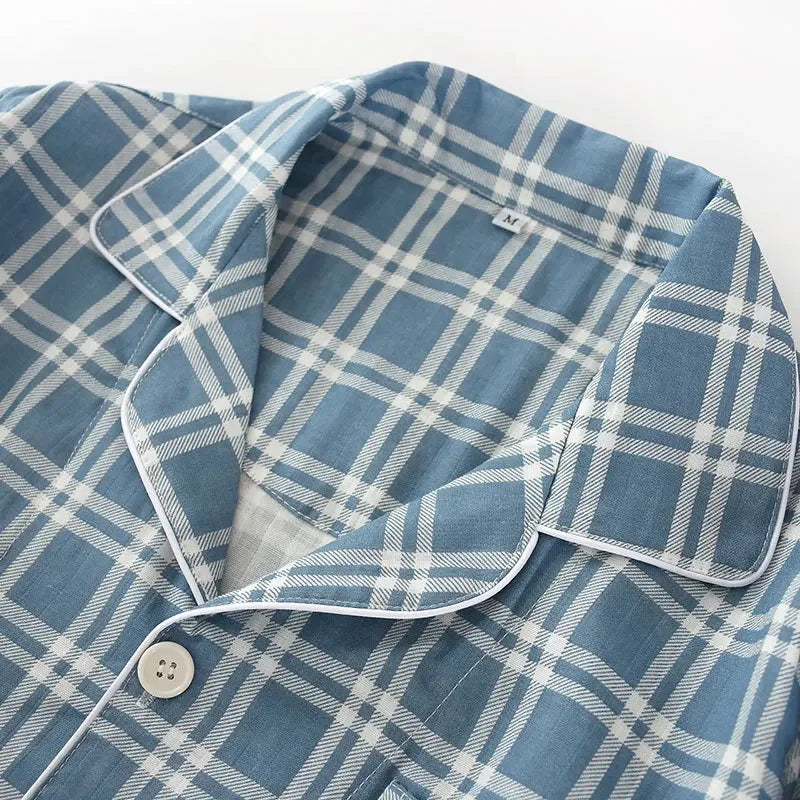 Men's Pajamas Sets Long-sleeved Cardigan Tops and Trousers 100% Cotton Double Gauze Lattice Sleepwear