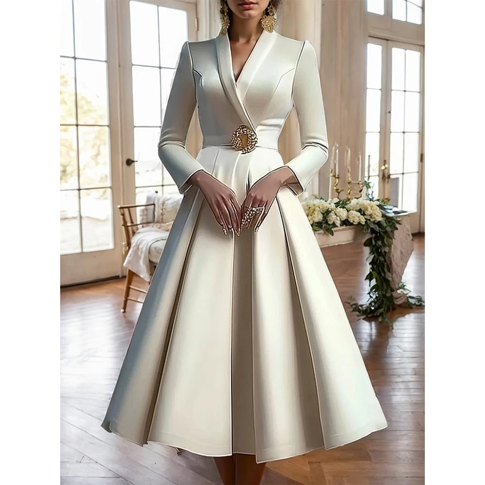 Elegant Evening Women's Party Dress Wrap V Neck Long Sleeve Pleated Midi Dress