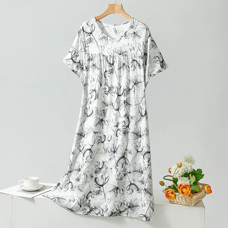 Summer Women Nightgown Short Sleeve Round Neck