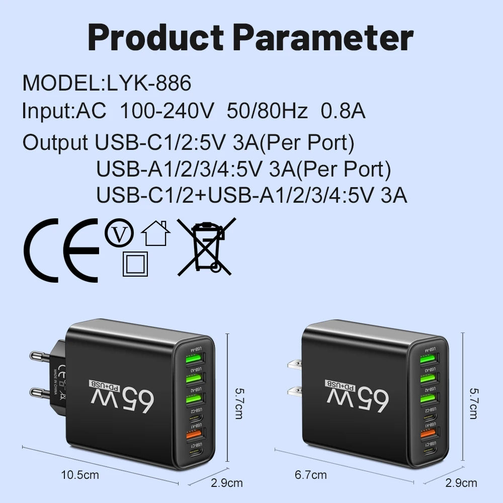 65W 6 in 1 4 USB 2 Type C Quick Charging Fast Wall Charger For iPhone Samsung Xiaomi Huawei Oppo Mobile Phone Adapter