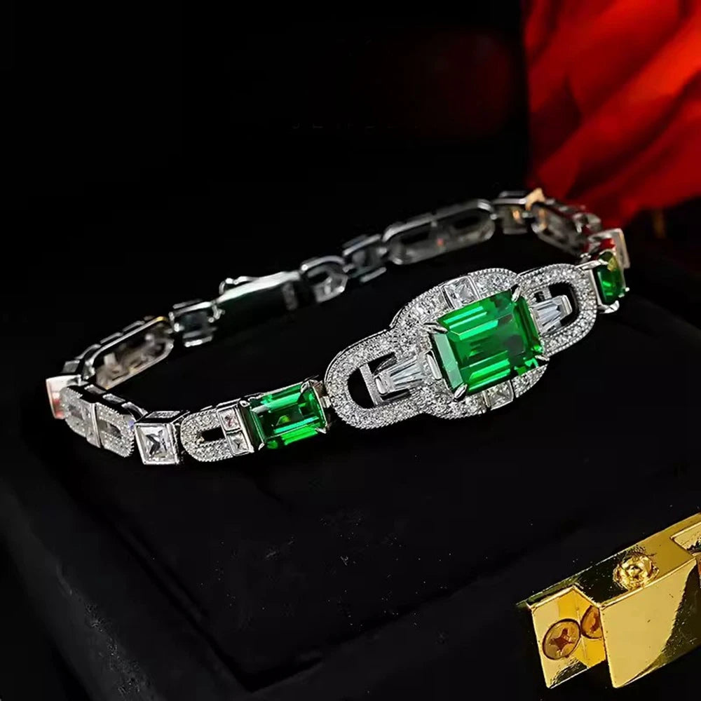4CT Emerald High Carbon Diamond Gemstone Bracelets 925 Sterling Silver Fine Jewelry