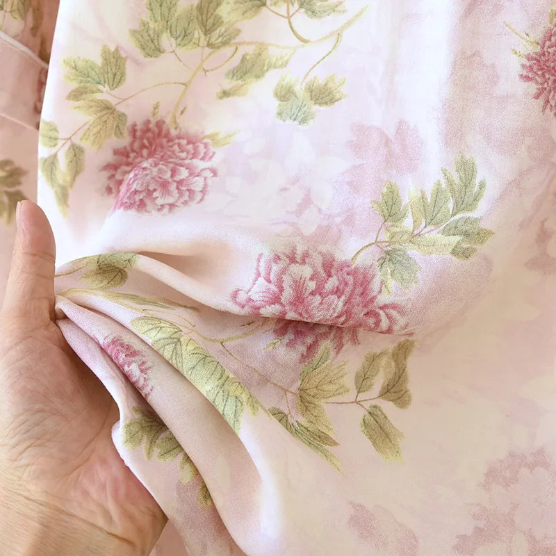 Thin Summer Floral Woman Pajama Sets Nightwear Top and Pants