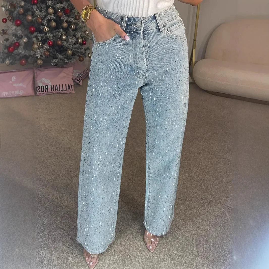 Women Diamonds Straight Jean Denim Trouser Pants Stretch High Waist