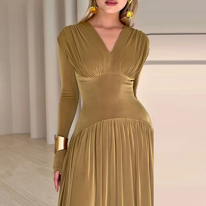 Casual High Waist Long Sleeved Velvet Dress V Neck Solid Color Slim Fit Pleated