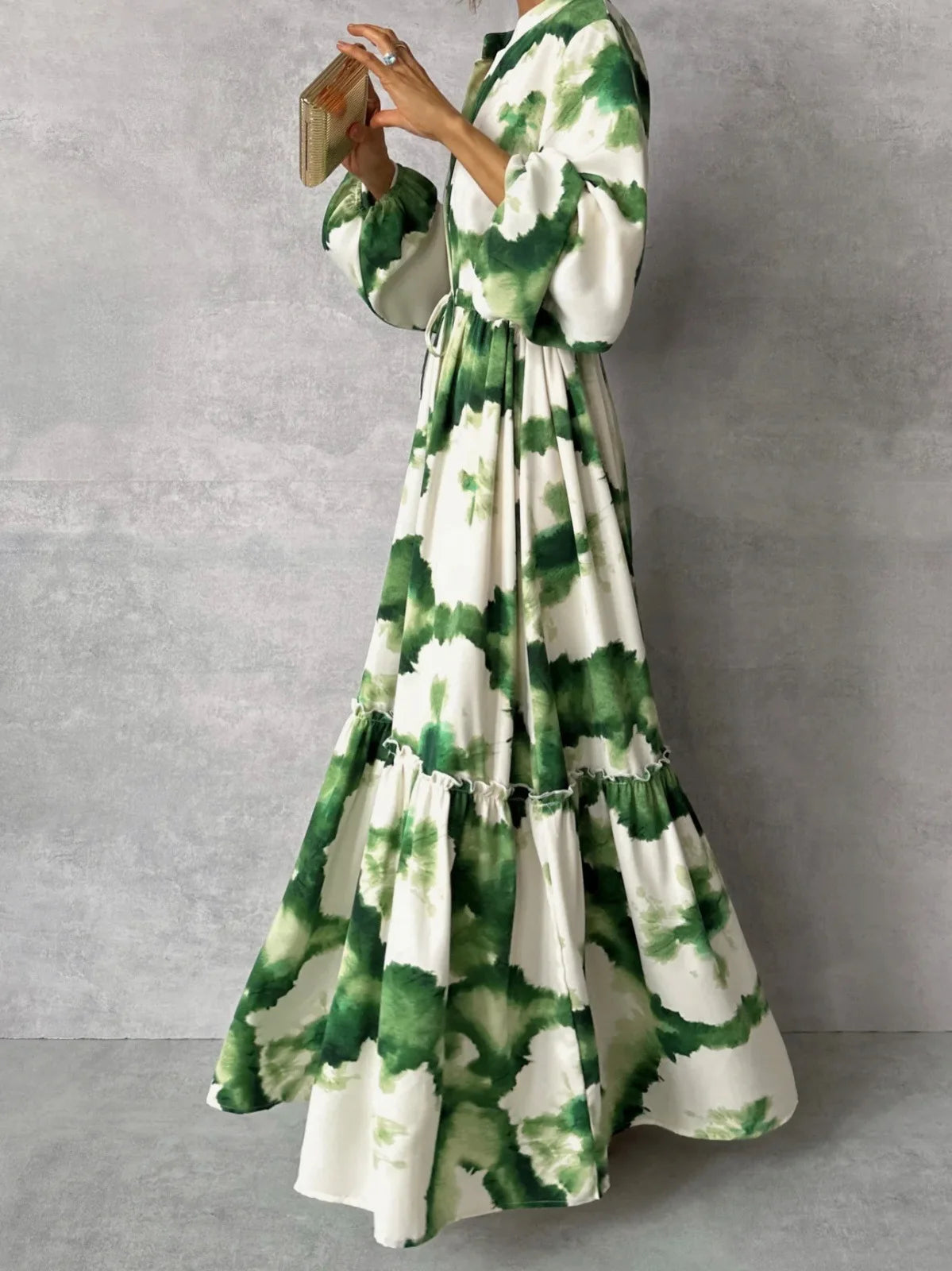 Summer Long Elegant Women Maxi Dresses Green Print Long Sleeve V Neck Waist