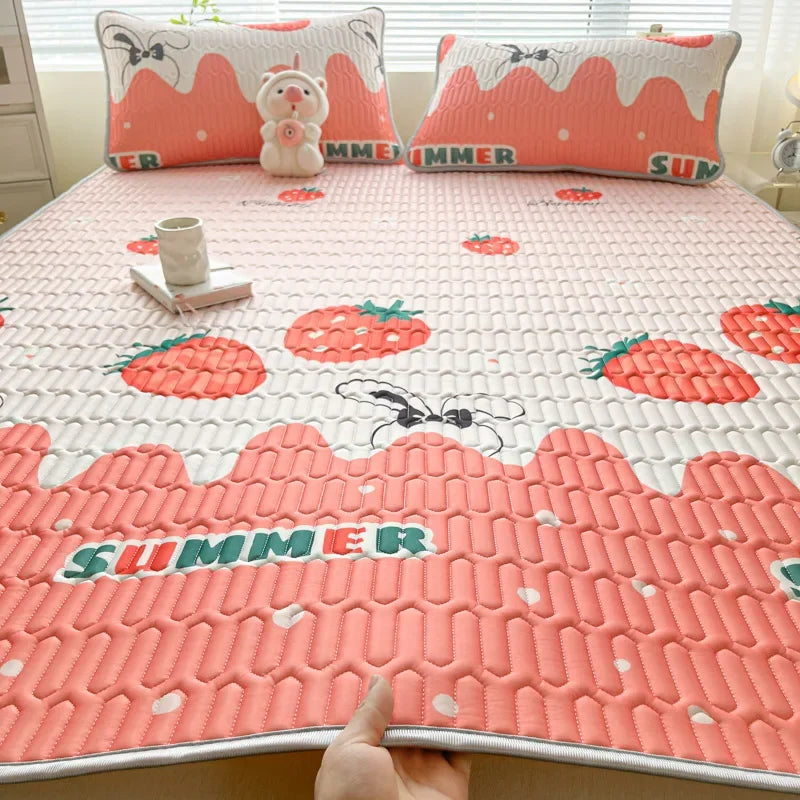 Natural Latex Thicken Cooling Mat for Summer Cool Feeling Silk Matress Pad Soft Breathable Ice Silk Summer Mat for Bed Sheet Set
