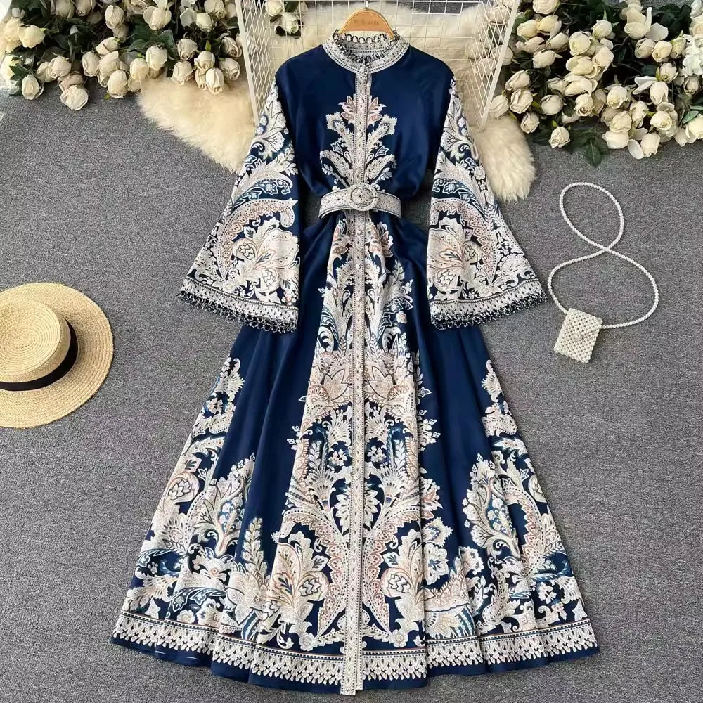Vintage Print Robe Paisley Maxi Dress Lantern Sleeve