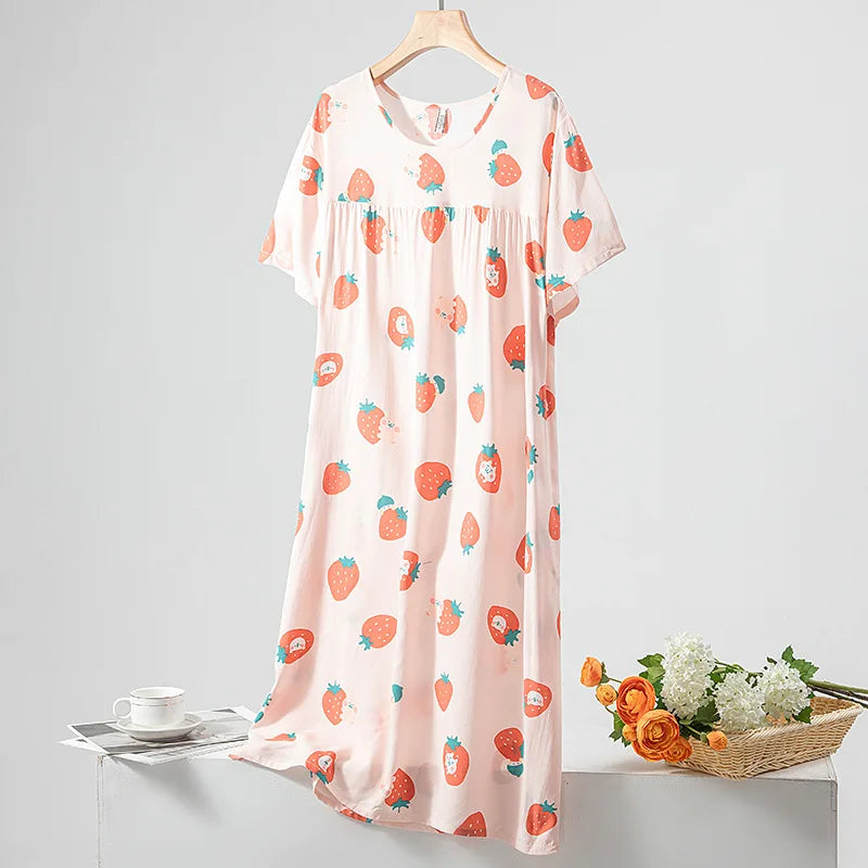 Summer Women Nightgown Short Sleeve Round Neck