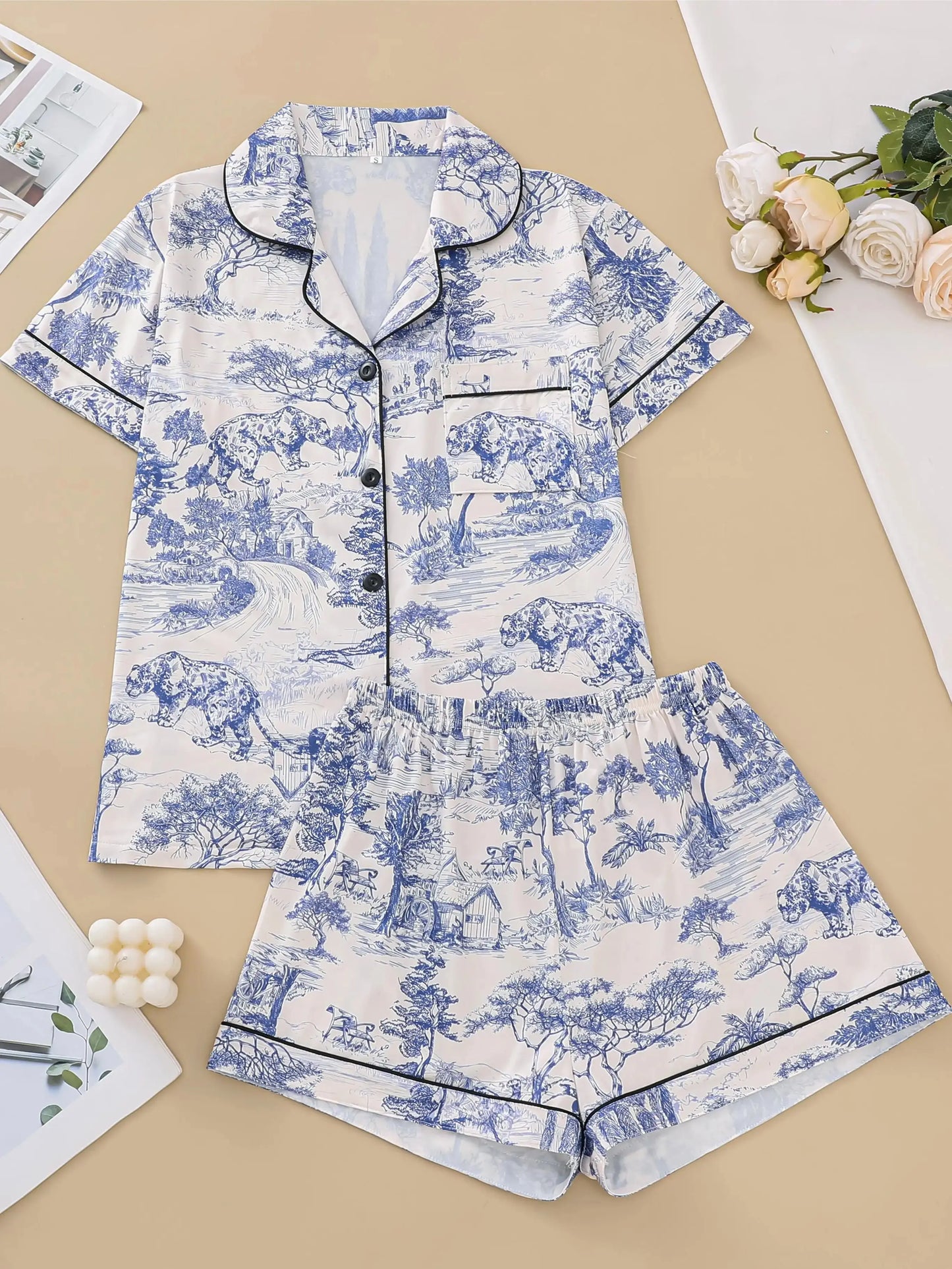 Natural animal print comfortable pajama set short-sleeved lapel top and elasticated waistband shorts loungewear