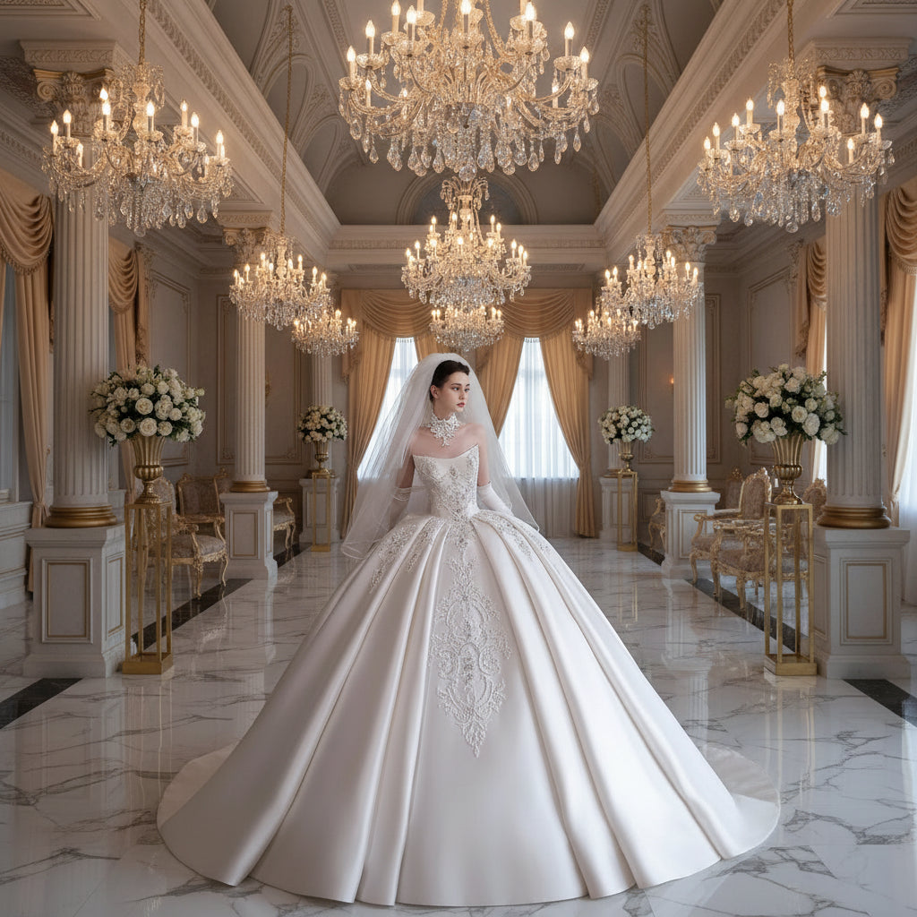 Strapless Luxurious Satin Wedding Bridal Dress Beaded Embroidery Trailing Customized