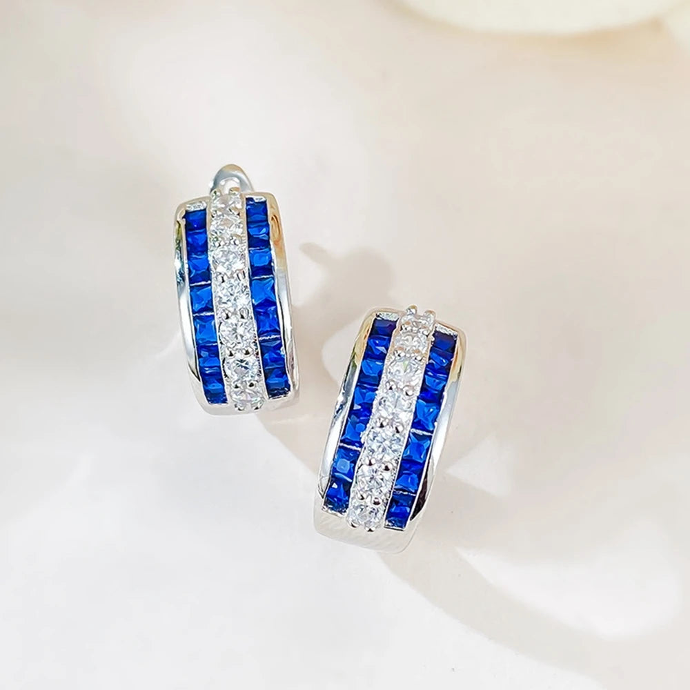 Sapphire Ruby High Carbon Diamond Gems Hoop Earrings for Women 100% 925 Sterling Silver Fine Jewelry