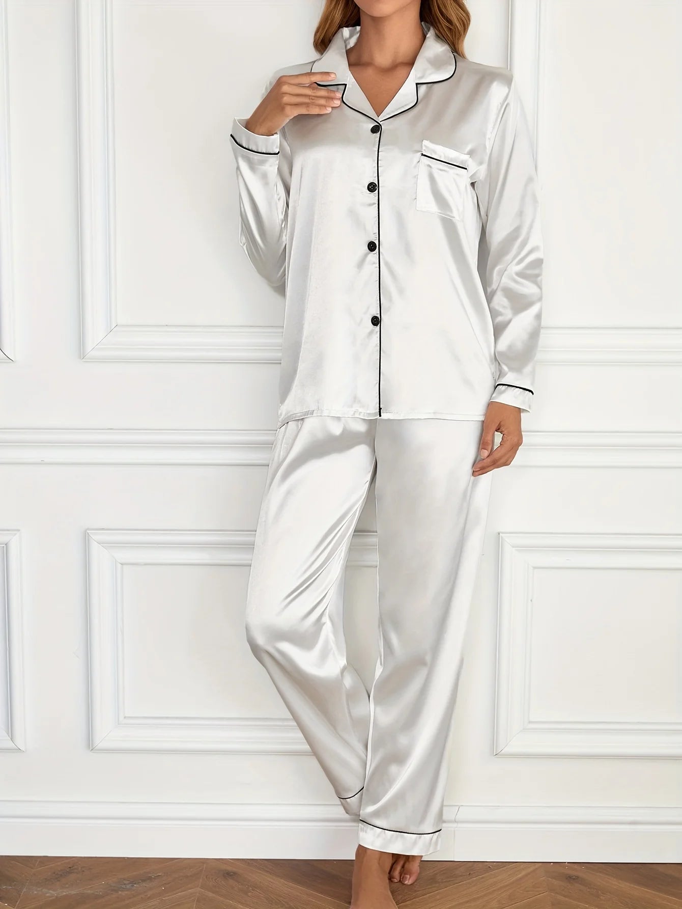 Women Solid Pajama Set Long Sleeve Button Up Lapel Top & Pants