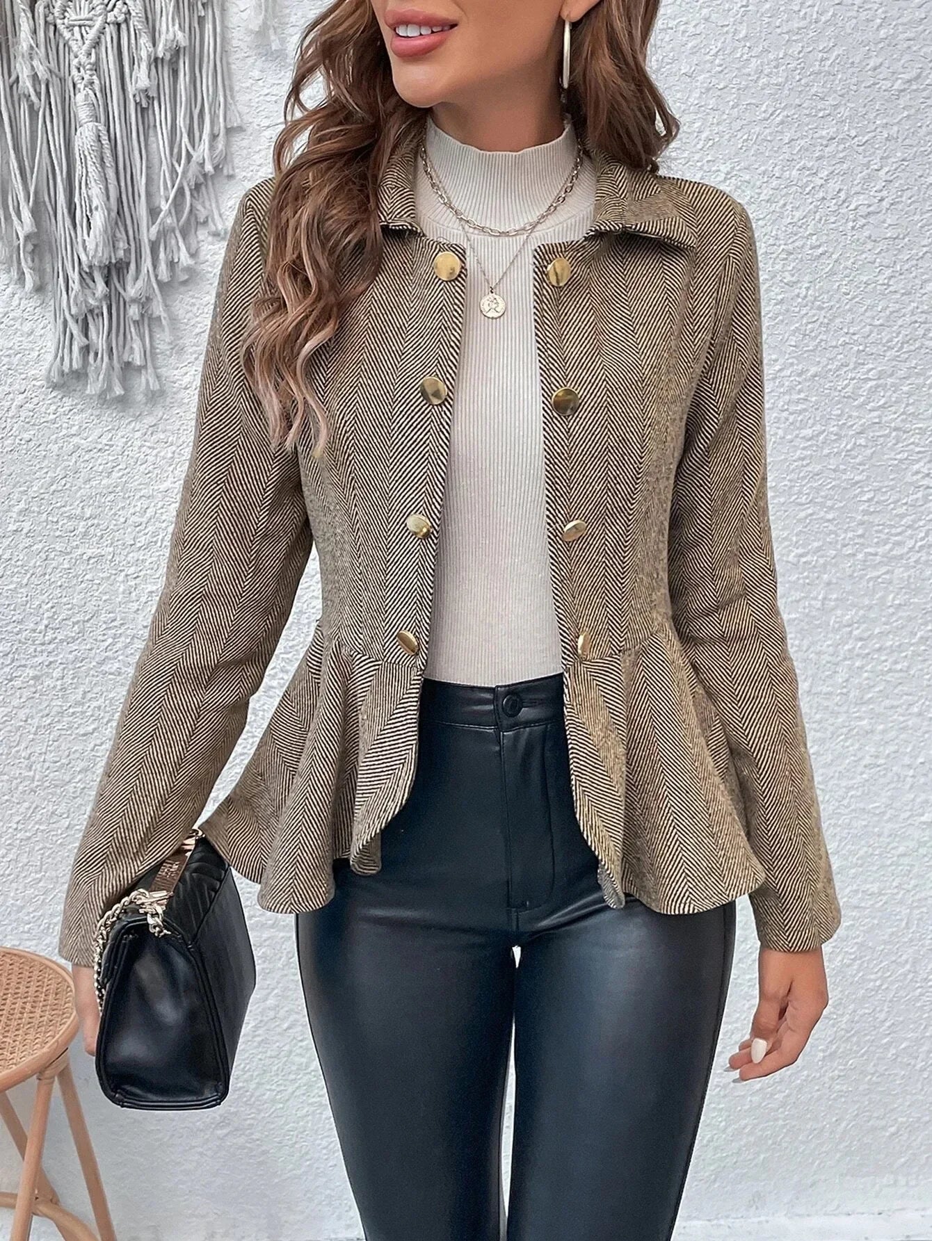 Women Ruffle Slim Blazer Jacket Long Sleeve Double Breasted