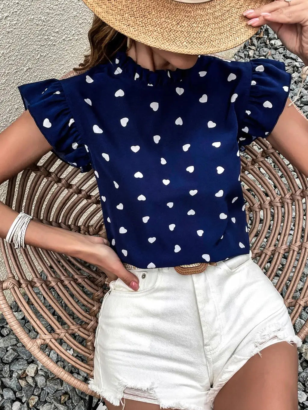 Fashion Chiffon Print Women's Shirt Ruffle Short Sleeve