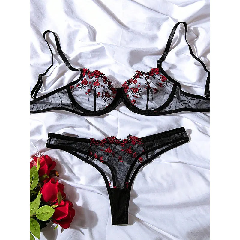 Beautiful Women Sexy 2 Piece Floral Embroidery Underwear Sets