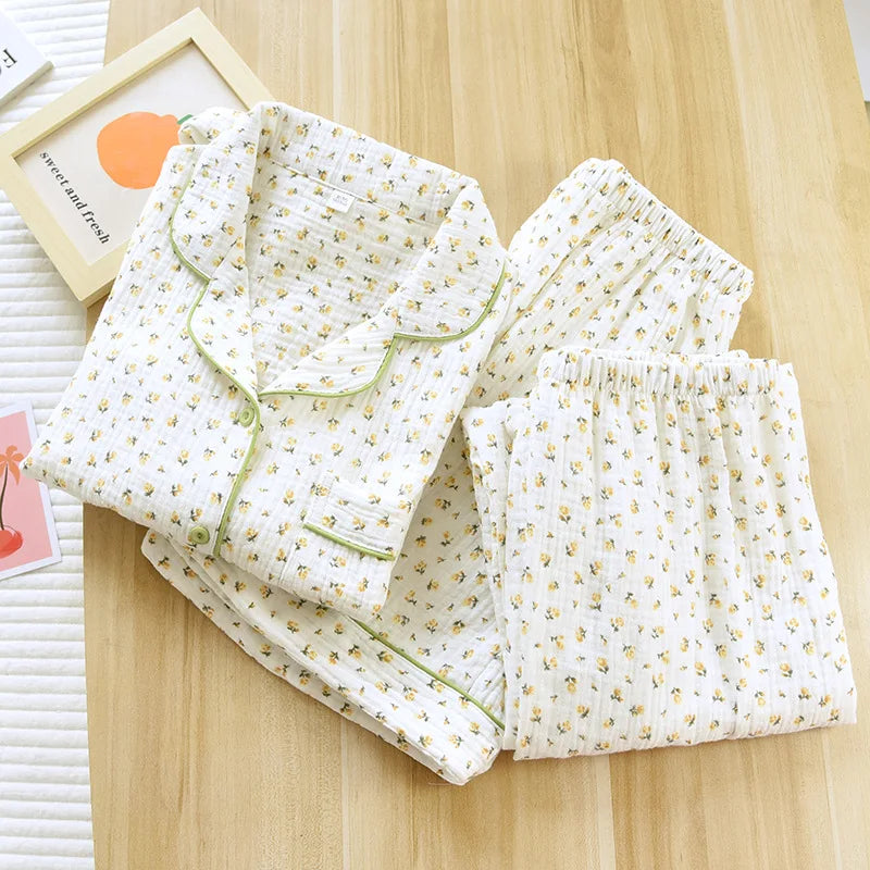 Summer women's cotton crepe three-piece short sleeve + shorts + trousers large size simple flower pajamas