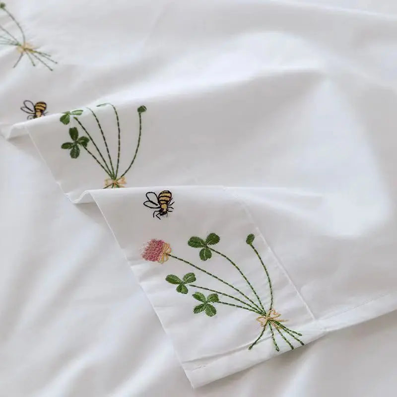 Pure White Embroidery Floral Flat Sheets 100% Cotton