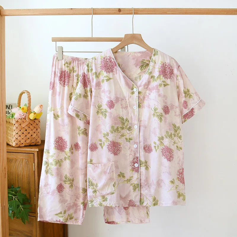 Thin Summer Floral Woman Pajama Sets Nightwear Top and Pants