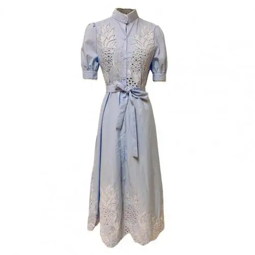 Elegant Embroidered Women Maxi Dress Chic Lapel Long Sleeve High Waist Lace Up Dresses