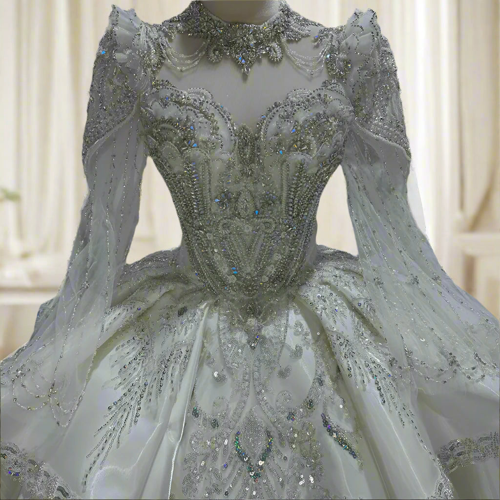 Charming Wedding Beading O-Neck Satin Bridal Dress Gowns Ruffles Long Sleeves