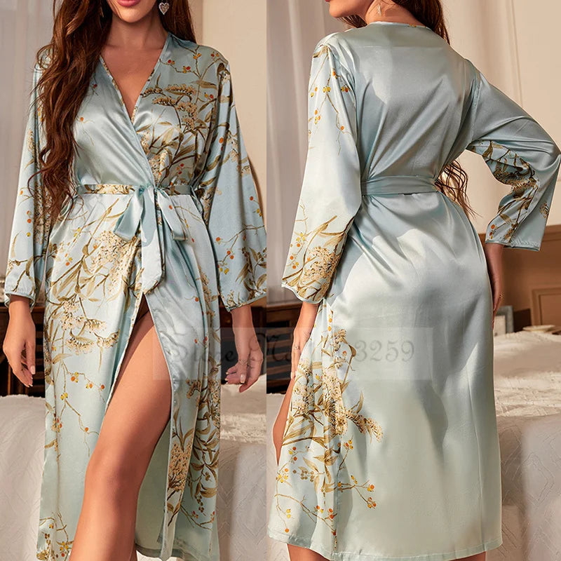 Female Satin Print Cherry Floral Kimono Bathrobe Gown