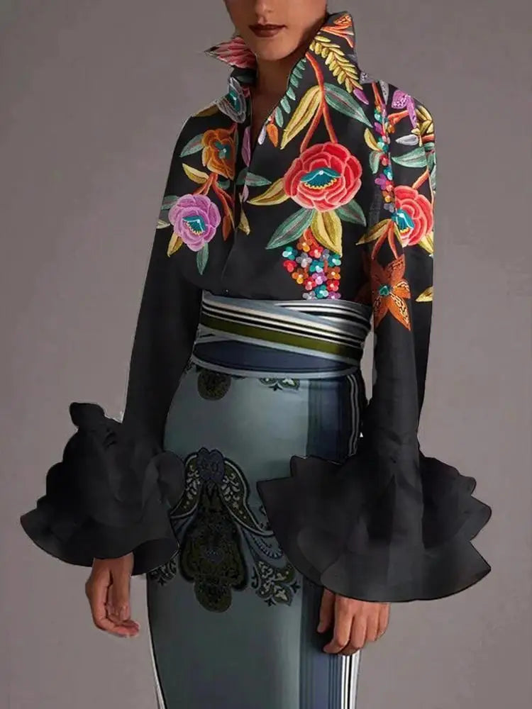 Elegant Women's Flared Sleeves Blouse Urban Printed for Woman