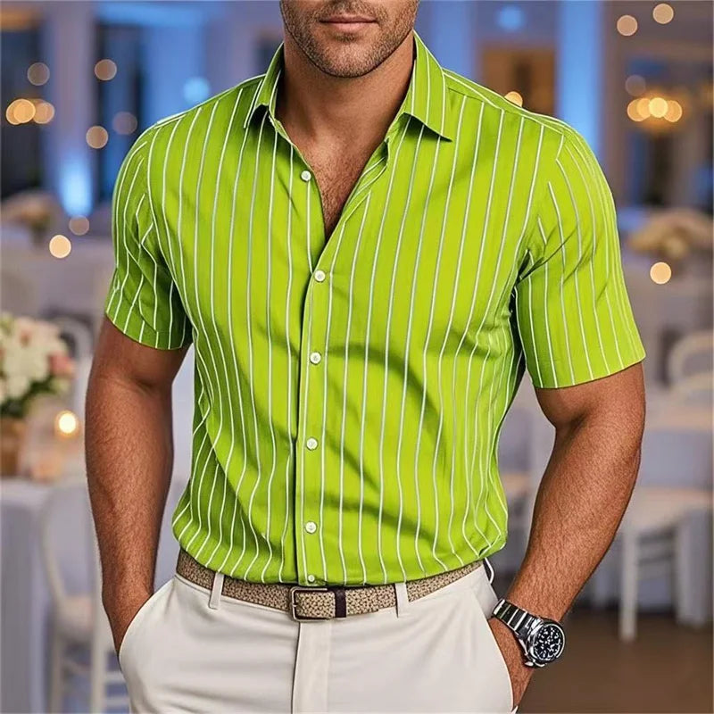 Men's Fashion Striped Loose Short Sleeve Shirt Casual Breathable Lapel Button Shirt Soft and Comfortable