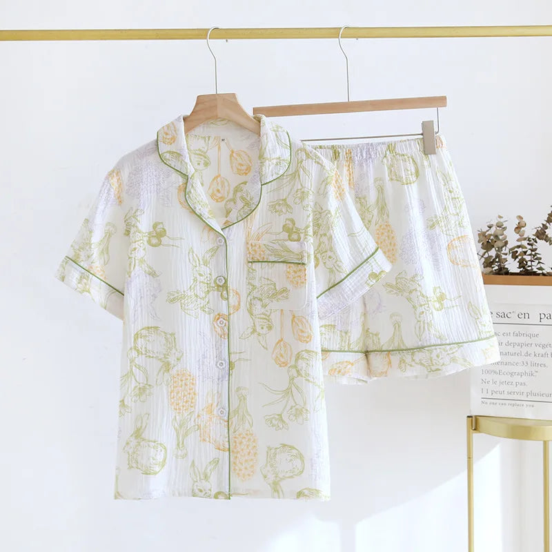 Summer pajamas short-sleeved shorts two-piece cotton crepe