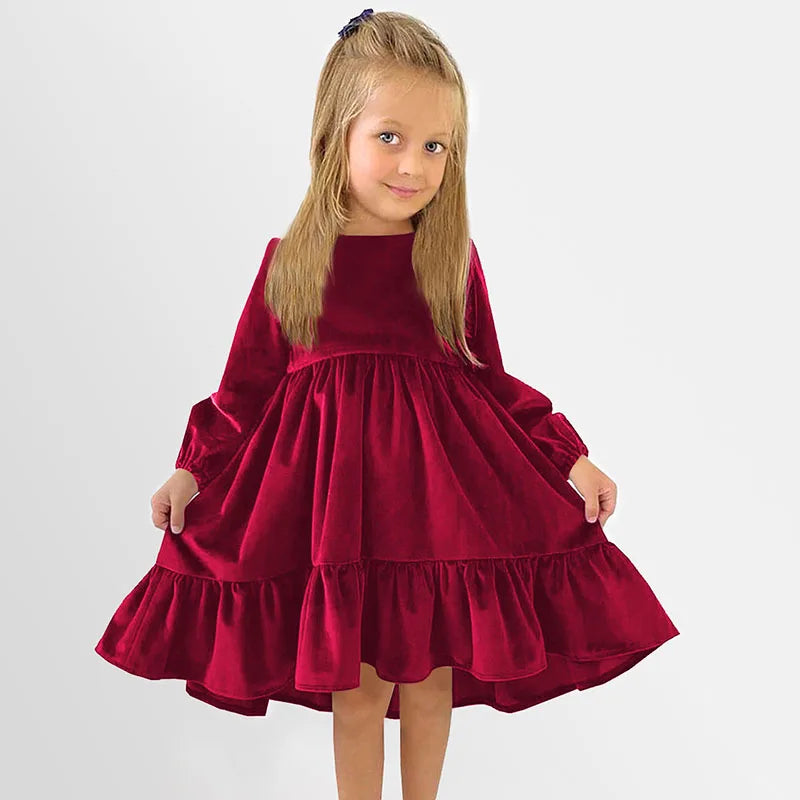 Girl Velvet Long Sleeve Ruffle Hem Dress