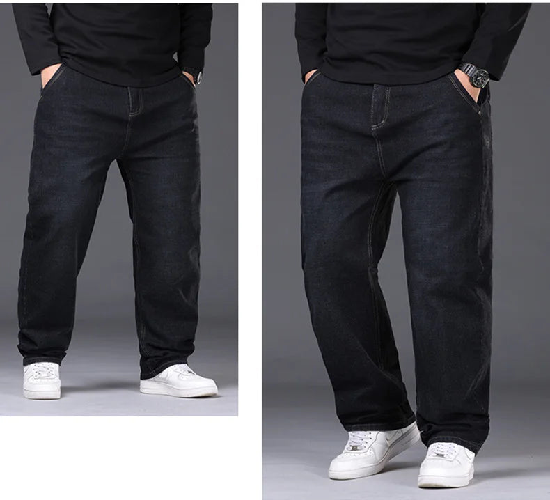 34-50 Sizes Men's Stretch Jeans Straight Leg Denim Pants Extended Sizing Blue/Black Streetwear Relaxed Fit for Work & Casual