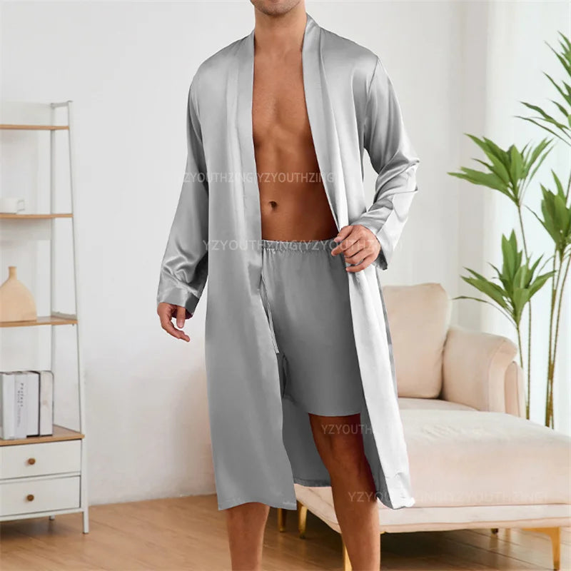 Solid Color Sleep Wear Set Men Silky Nightwear Kimono