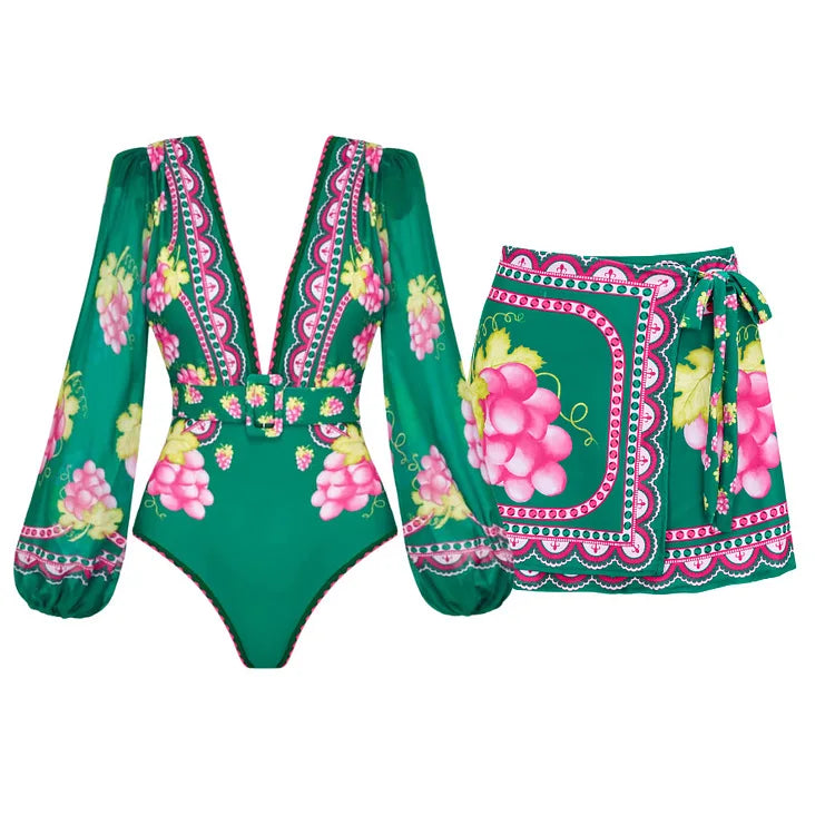 Swimwear 2PC Cover-up Swimsuit Ruffle Printed Deep V One-piece Kimono Bikini Suit