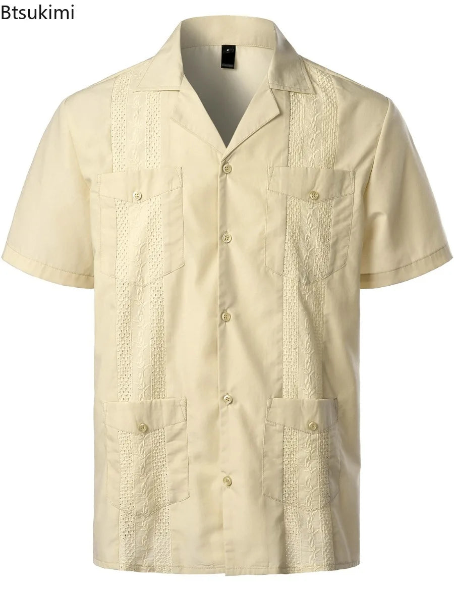 Men's Cuban Shirts Multiple Pockets Lapel Short Sleeves Cardigan
