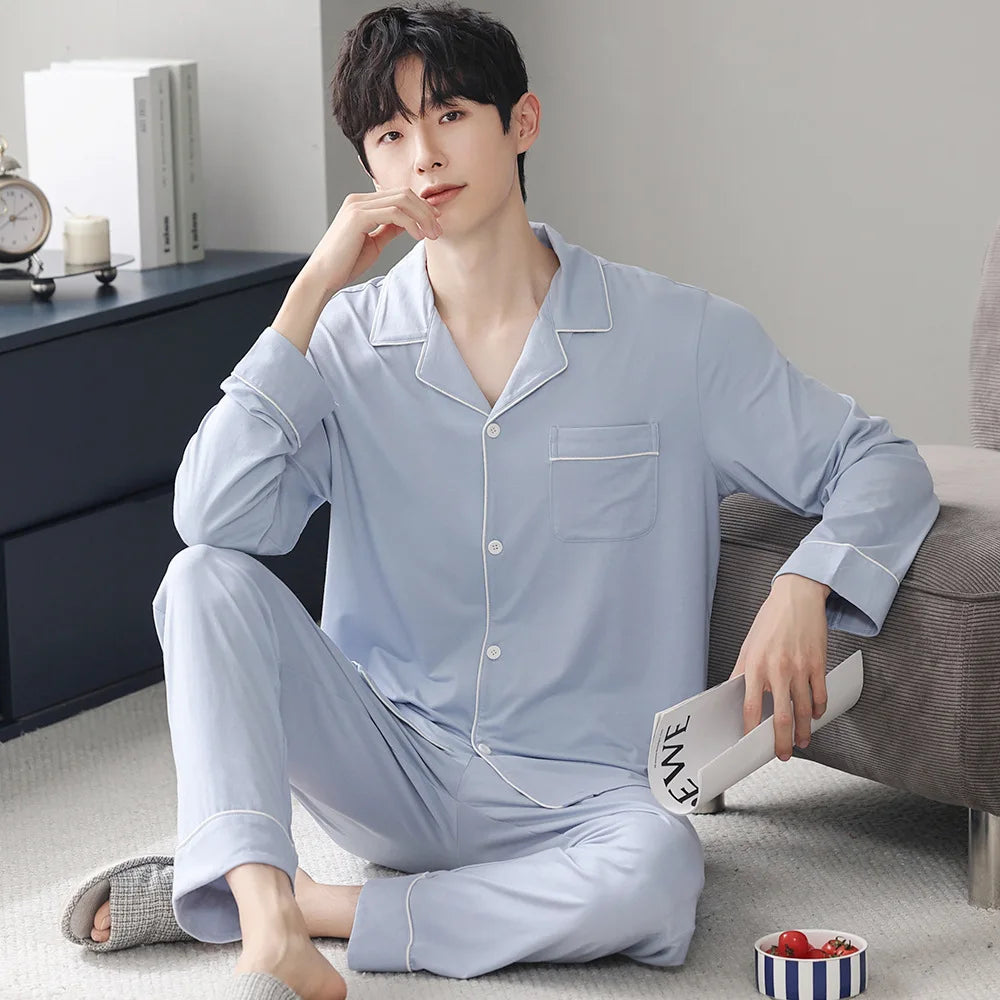 Autumn Men's Pajamas Sets Long Sleeve Modal Cotton Thin Teenage Boys' Large Size Spring Outwear Home Cloth Suit Sleepwear Male