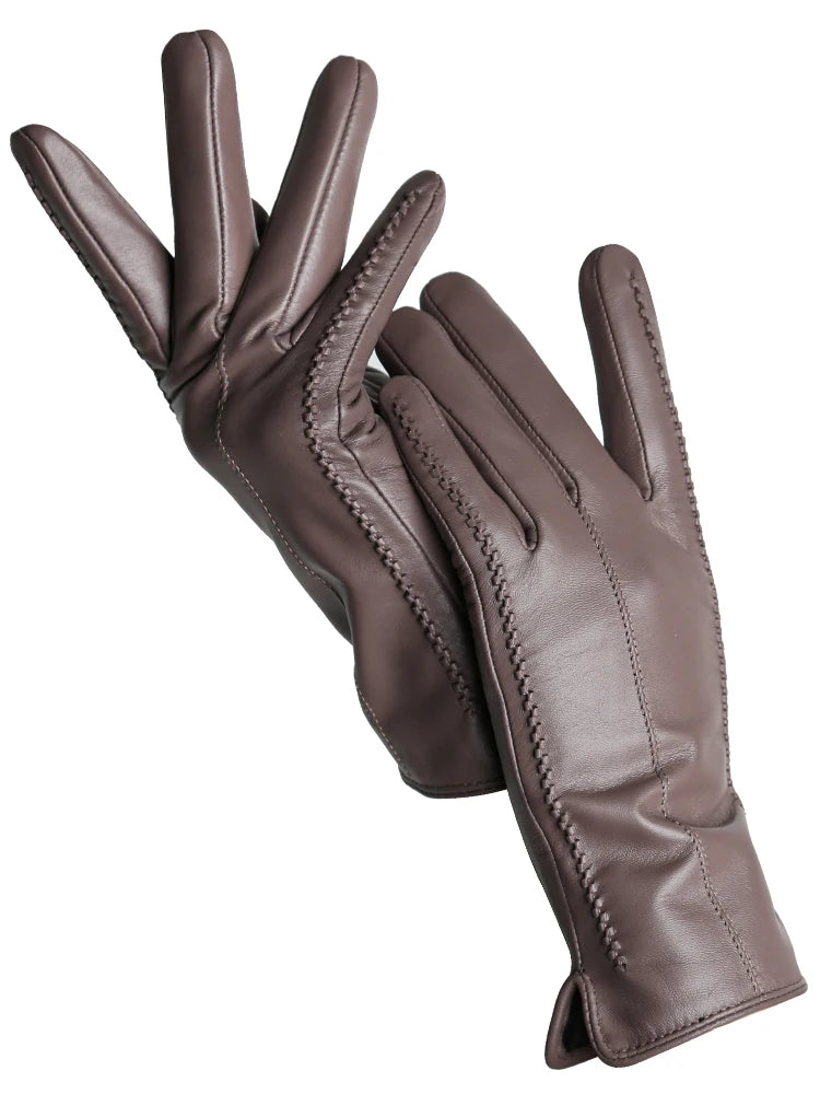 Women's Leather winter warm gloves with velvet thin touch screen