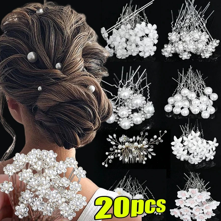 20pcs Elegant Pearl Crystal Hairpin Wedding Bridal U-shaped Metal Hair Comb Forks for Women