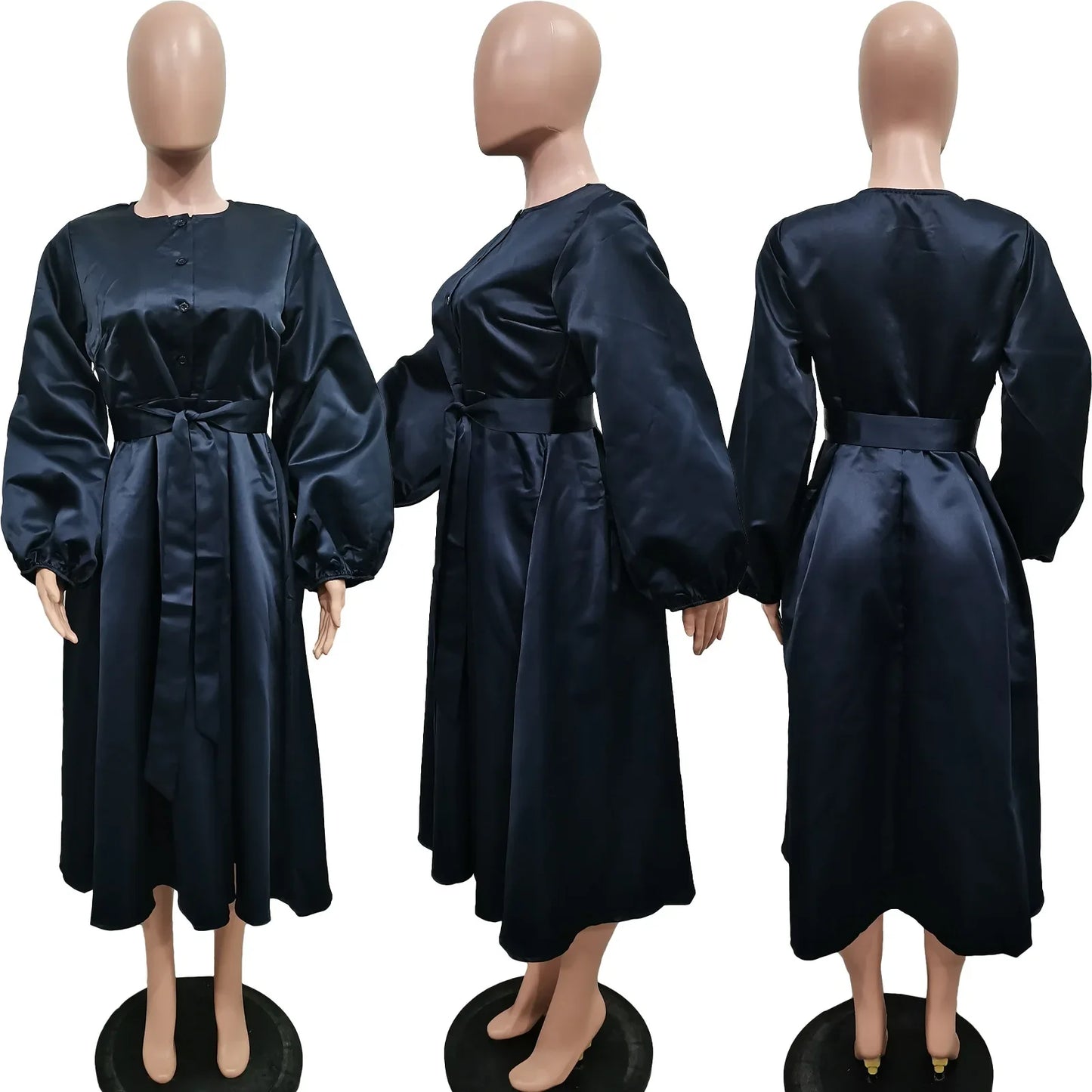Satin Puff Sleeve Evening Dress for Women Pleated A-Line Round Neck Elegant Party Midi Dress with Belt